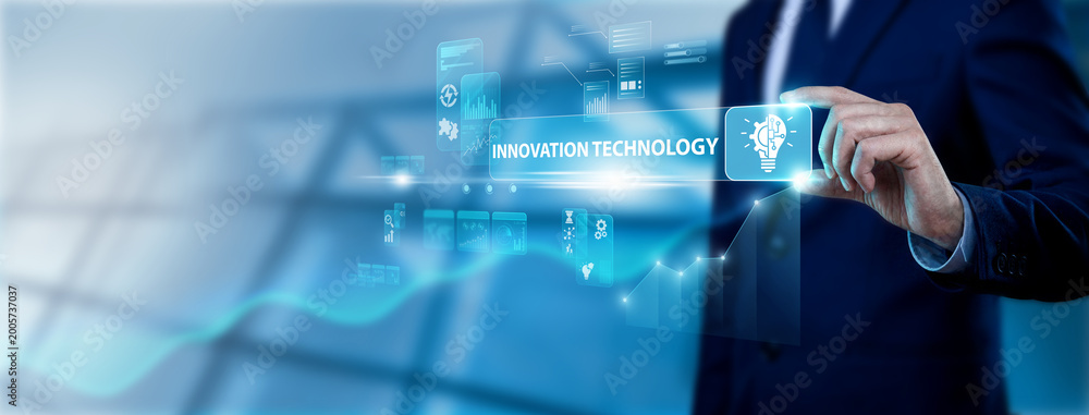 Fototapeta premium Business leader hand holding innovation technology interface on digital screen, digital transformation solutions, advanced tech development, AI systems and future technology advancement