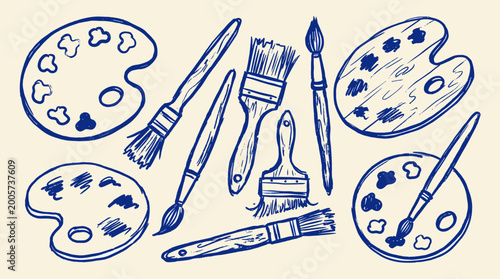 Artistic sketch of painting tools including brushes and palettes with paint splashes in blue ink on a cream background for creative projects
