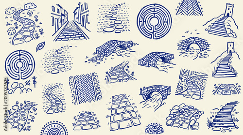 Collection of hand drawn path and walkway illustrations including stone paths cobblestone roads bridges mazes and stairways on a light background