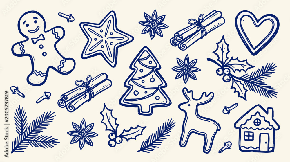 Fototapeta premium Festive hand drawn collection of Christmas cookies and winter holiday elements including gingerbread man, tree, reindeer, and holly. Sketchy doodle style for seasonal design.