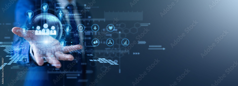 Fototapeta premium Project leader coordinates staff. Manager with a glow the hand Team Work network group. Collaborative efforts and shared goals drive high performance and ensure successful project delivery.