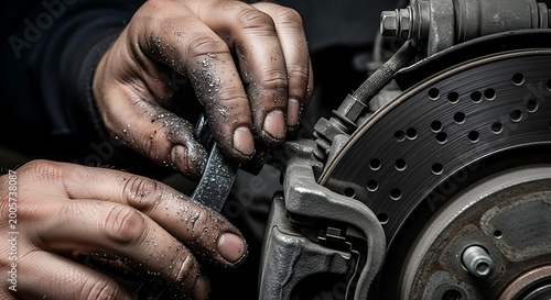 Close-up of a mechanic's dirty hands working on a car's disc brake system with a wrench, performing maintenance or repair.