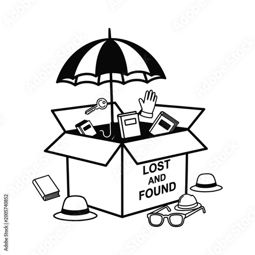 Tableau sur toile Lost and found box with assorted items black and white illustration