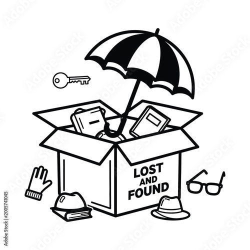 Obraz na plátne Lost and found box with various items black and white line drawing