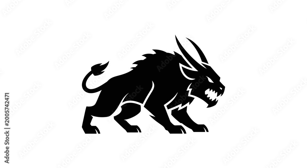 Fototapeta premium Fierce Black Beast Silhouette with Horns and Fangs, Aggressive Monster Graphic