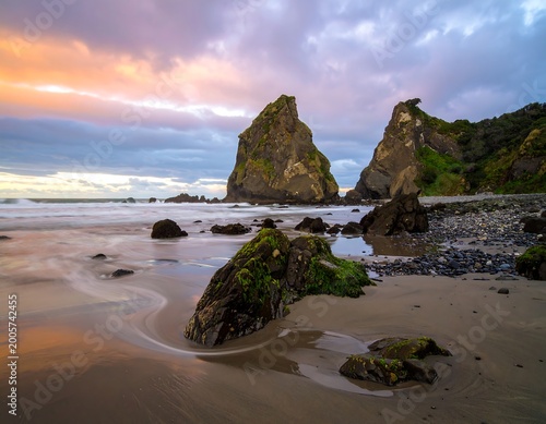 Coastal scene captures the rugged beauty of rock formations at the beach against a dramatic sunset sky