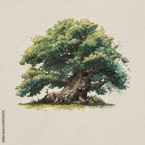 Majestic Ancient Oak Tree Watercolor Nature Illustration