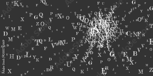 Flying latin letters. White chalk  scattered