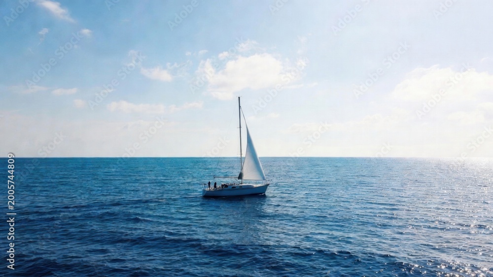 Fototapeta premium Sailboat cruising on calm open sea under clear blue sky