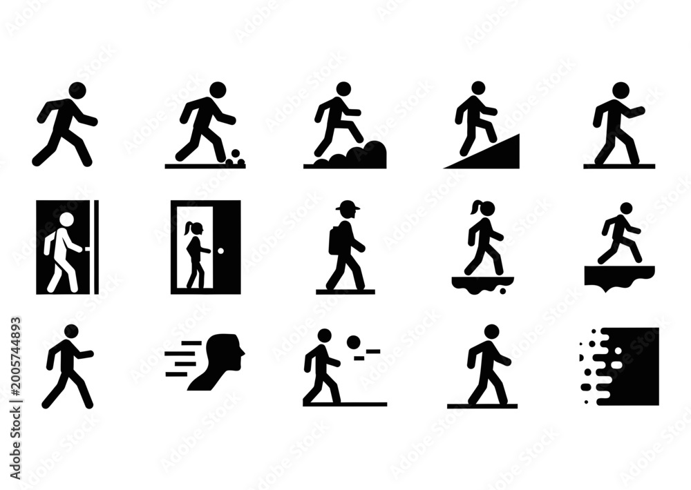 Fototapeta premium 15 Walking icons person exit stairs hiking climbing, outline solid styles, UI and web interface design