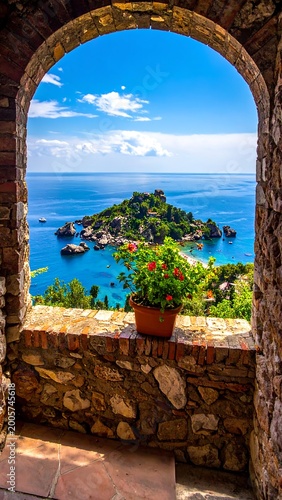 Scenic coastal view framed by a stone archway, revealing a small island with lush greenery and clear blue waters under a bright sky