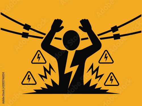 Electric shock warning sign with person getting electrocuted by high voltage power lines