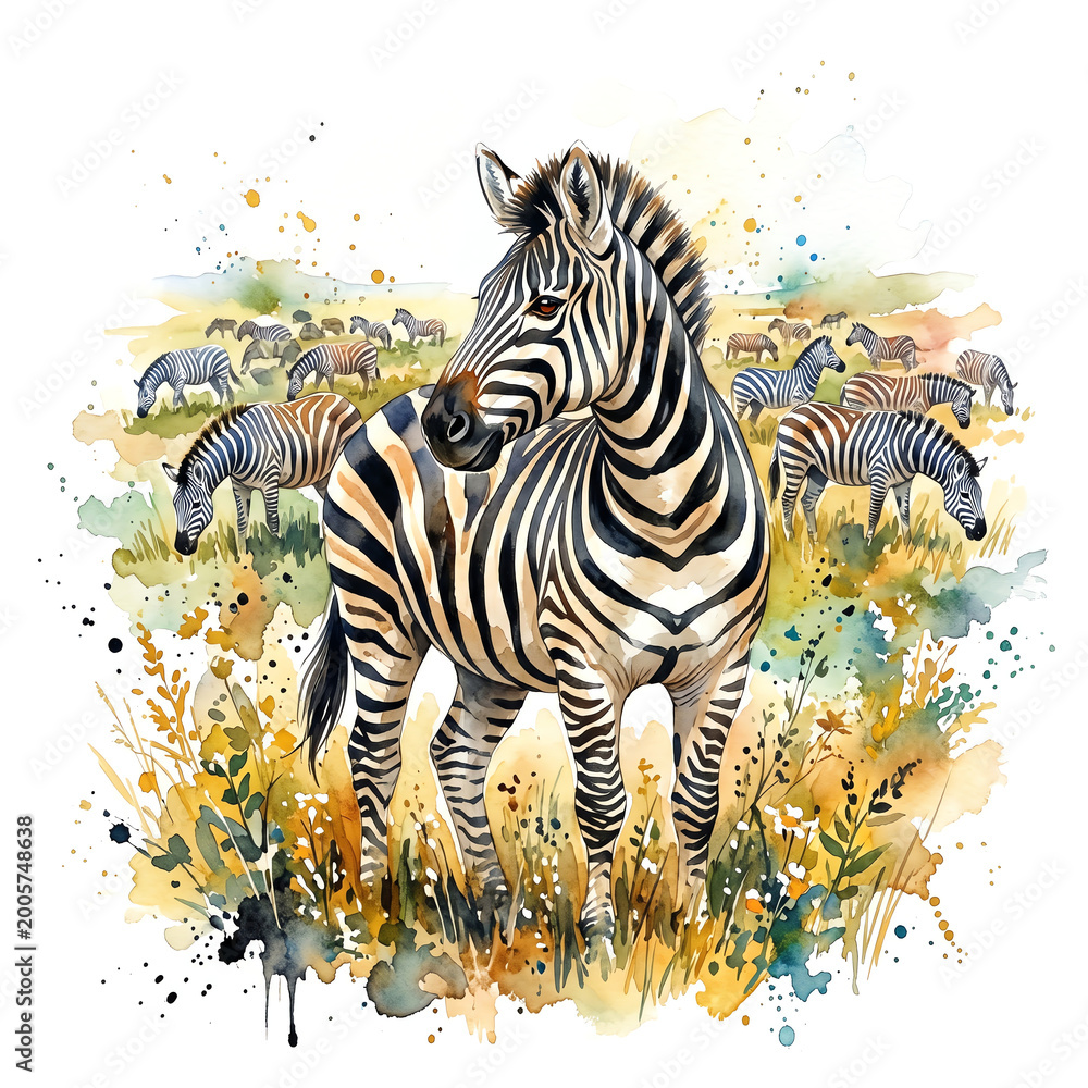 Fototapeta premium Soft Zebras Watercolor Painting in Pastel Tones