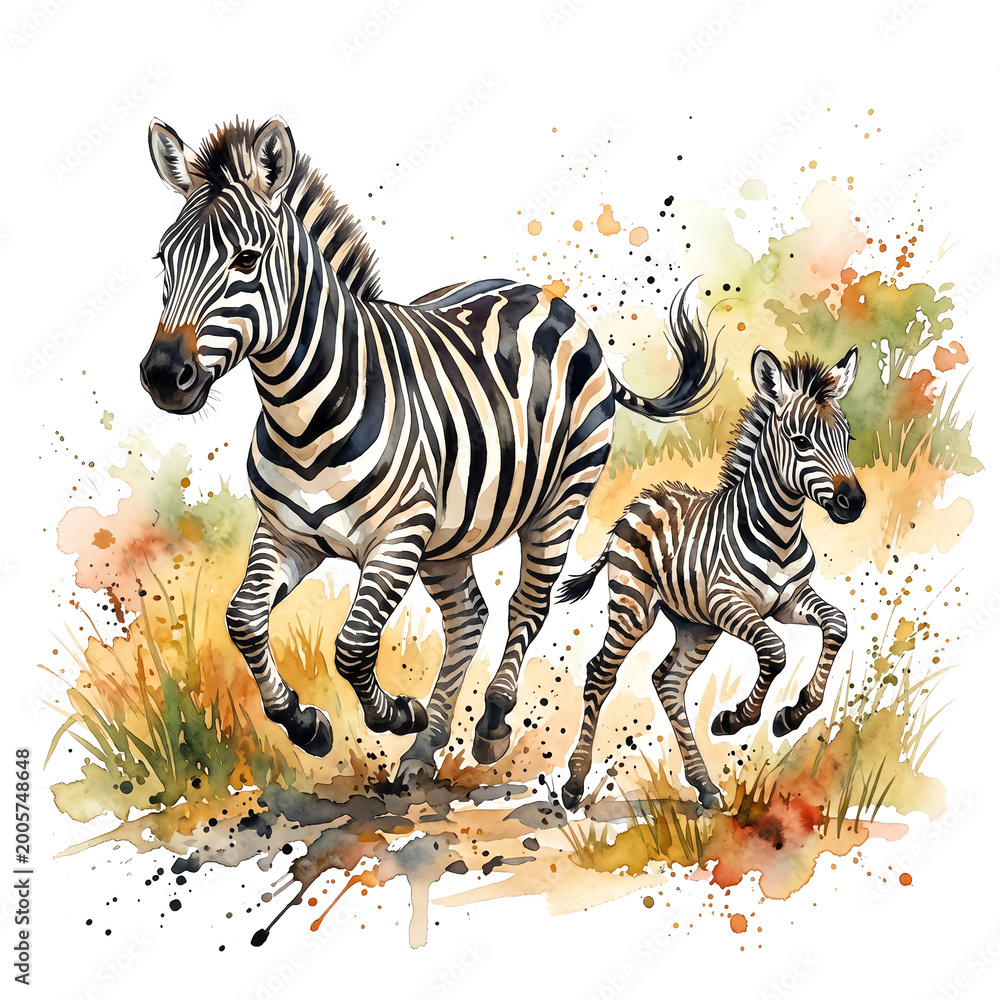 Fototapeta premium Charming Zebras Hand-Painted Watercolor Art Illustration