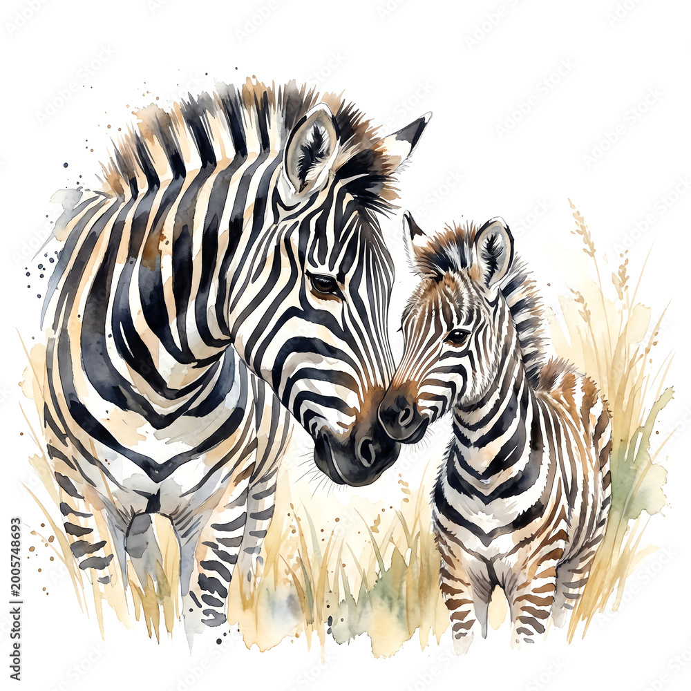 Fototapeta premium Cute Zebras Watercolor Design with Delicate Brushstrokes
