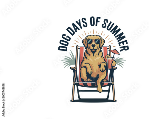 Trendy “Dog Days of Summer” T-shirt design with a relaxed dog in sunglasses enjoying a beach chair and drink. Clean, modern style perfect for summer wear, pet lovers, and print-on-demand