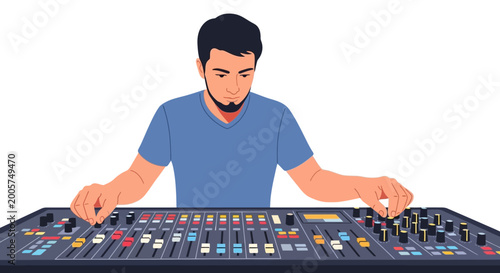 Man working on sound mixing board.