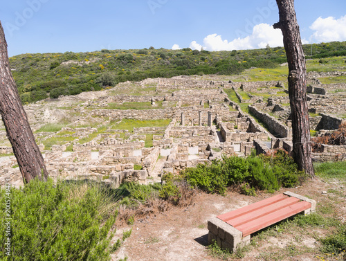 Ancient  Kamiros, Rhodes, Greece. View of the historic excavated Doric city set on a hillside above the Aegean.  One of the three city states of the island. Well preserved classical city.