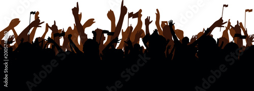 Silhouette of a Cheering Crowd at a Stadium - Professional Sports Fans with Raised Hands and Flags Celebrating at a Major Event or Championship