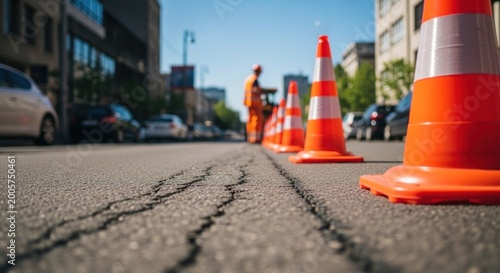 Road repair with cones and cracks in asphalt surface.