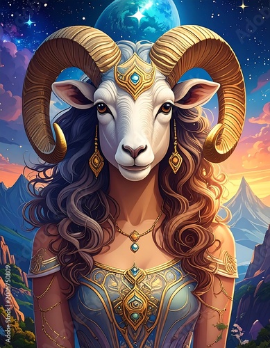 Portrait of a ram-headed humanoid figure with golden horns, against a background of mountains and a celestial sky