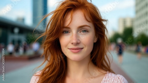 Redheaded woman smiling softly in urban outdoor pedestrian setting Free Download Redheaded woman smiling softly in urban outdoor pedestrian setting - GFXLoad