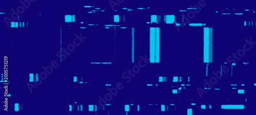 Minimalist digital glitch background with sparse vertical cyan bars and horizontal noise lines on dark blue field for modern minimalist technology concepts and futuristic data stream representation.