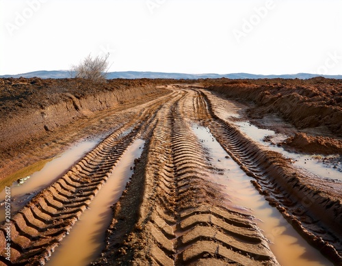 muddy dirt road with deep tire tracks white background cutout background