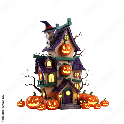 Cartoon spooky halloween house decorated with glowing pumpkins.