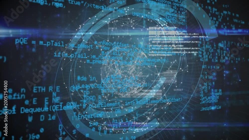 Cyan flare sweeping, center mesh globe forming, rings pulsing, code scrolling to show network