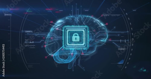 Central chip pulsing, holographic brain lighting pink nodes and extending lines for secure mapping