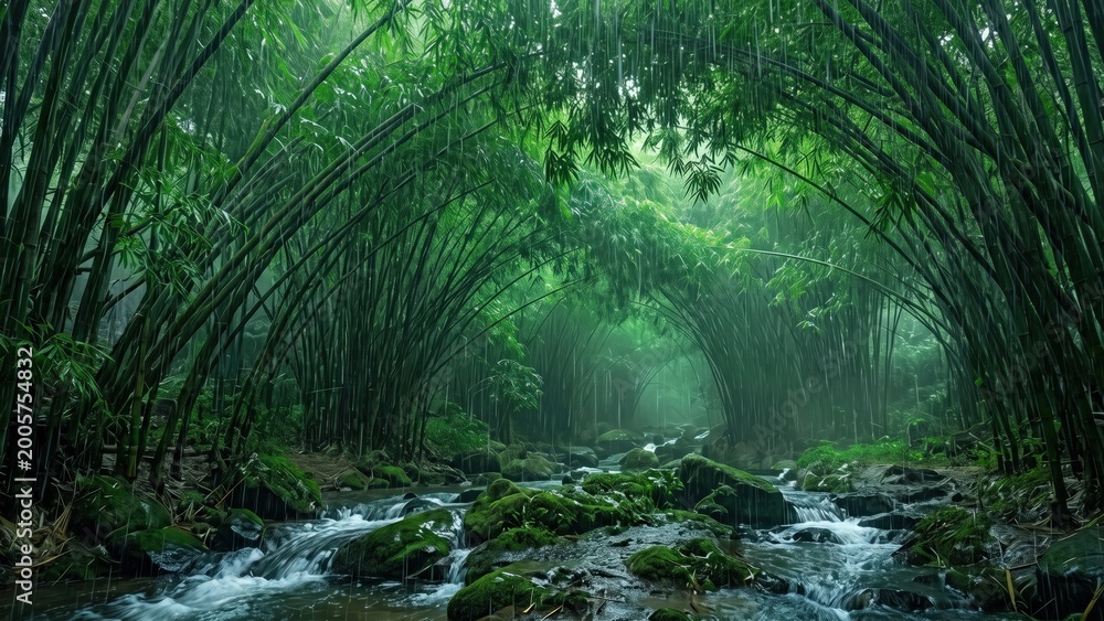 Obraz premium Meghalaya Bamboo Forest in Monsoon Rain - Tropical Jungle Landscape