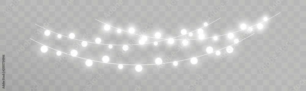 Fototapeta premium white string lights garland glowing bulbs overlay festive decoration isolated on transparent background 