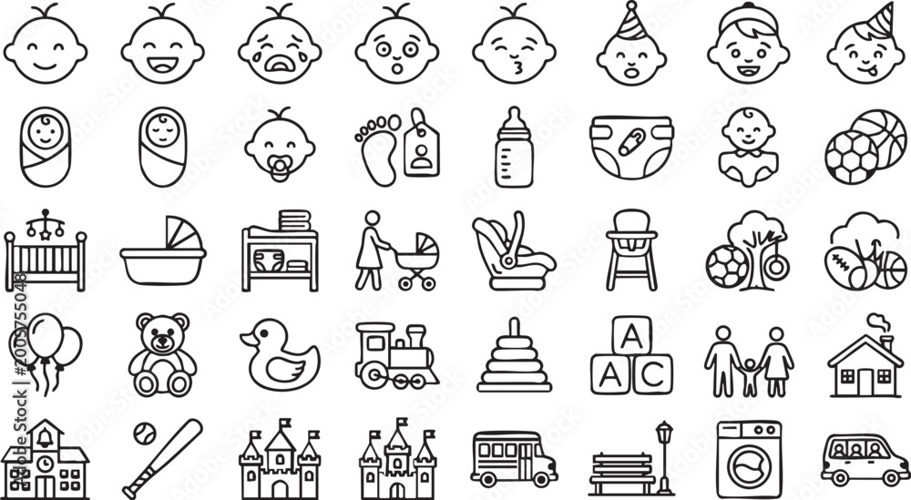 Fototapeta premium Baby icons set featuring various infant accessories newborn childcare items and nursery equipment presented in a clean flat linear vector style for web and app design