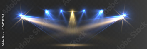 stage spotlights beams blue and gold lighting set concert illumination rays haze overlay isolated transparent background
