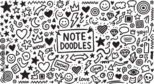 Fotografi Doodles set featuring hand drawn sketchy icons including hearts stars arrows spe