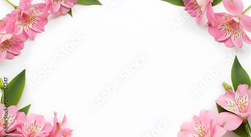 Soft pink alstroemeria flowers forming a decorative border on a clean white background.