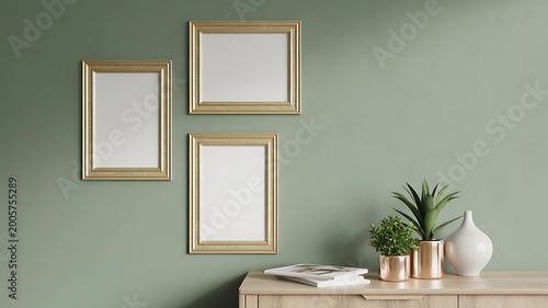 Minimalist interior design, empty picture frames, green wall, home decor, wooden console table