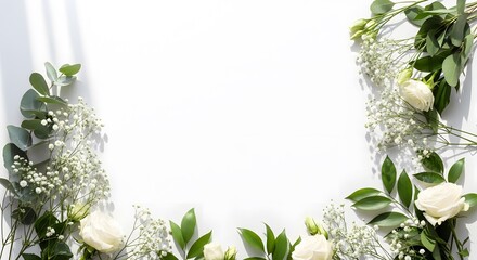 Floral border composition with white roses and eucalyptus leaves on a bright white surface for greeting card backgrounds.