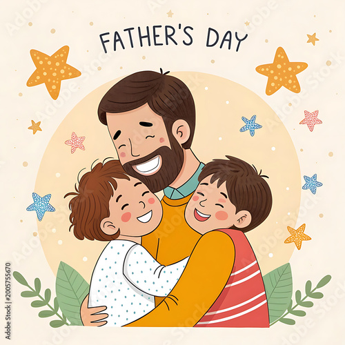 Happy father hugging two laughing kids on father's day