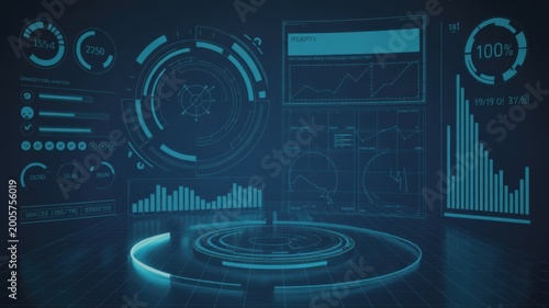 Futuristic Holographic Data Dashboard With Cyber Security Analytics Display