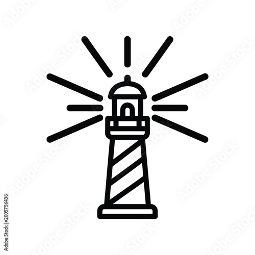 Photos Lighthouse icon with radiating light beams black and white line drawing
