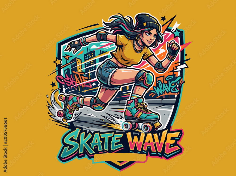 Fototapeta premium Vibrant illustration of a young woman rollerblading with a city background and graffiti