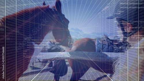 Boy in helmet reaching toward saddled horse, causing radial overlay at corral, preparing for riding