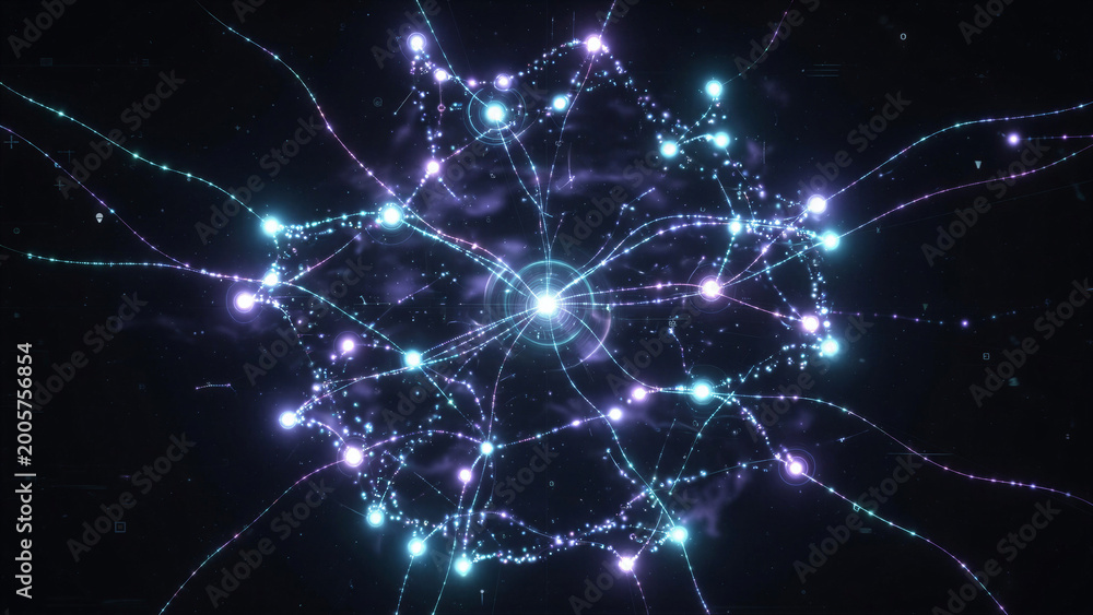 Obraz premium Glowing network of interconnected nodes against black space