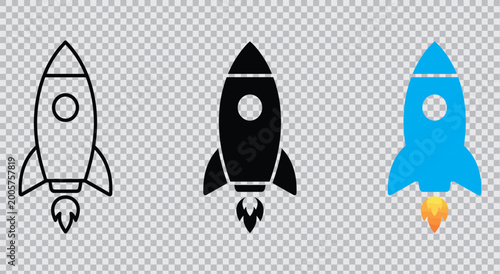 Rocket ship icon set outline filled and colored versions for space exploration