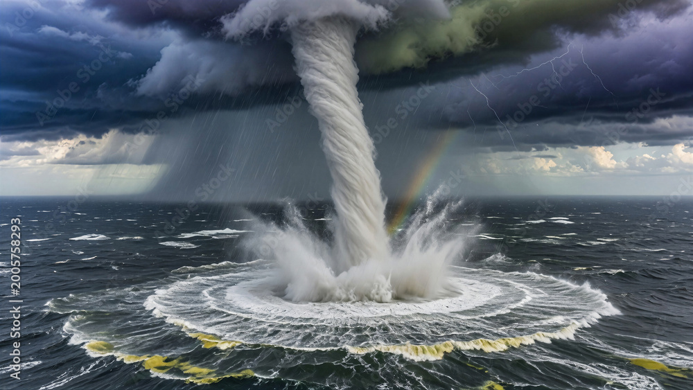 Fototapeta premium Waterspout forming and striking ocean surface under storm clouds