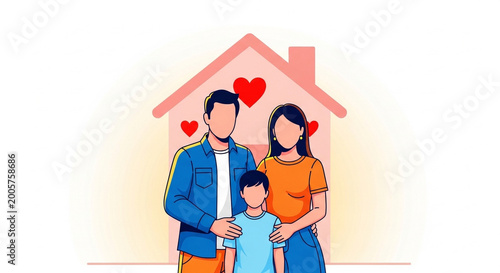 Loving family with child standing together in front of house with hearts symbolizing unity and love on international day of families