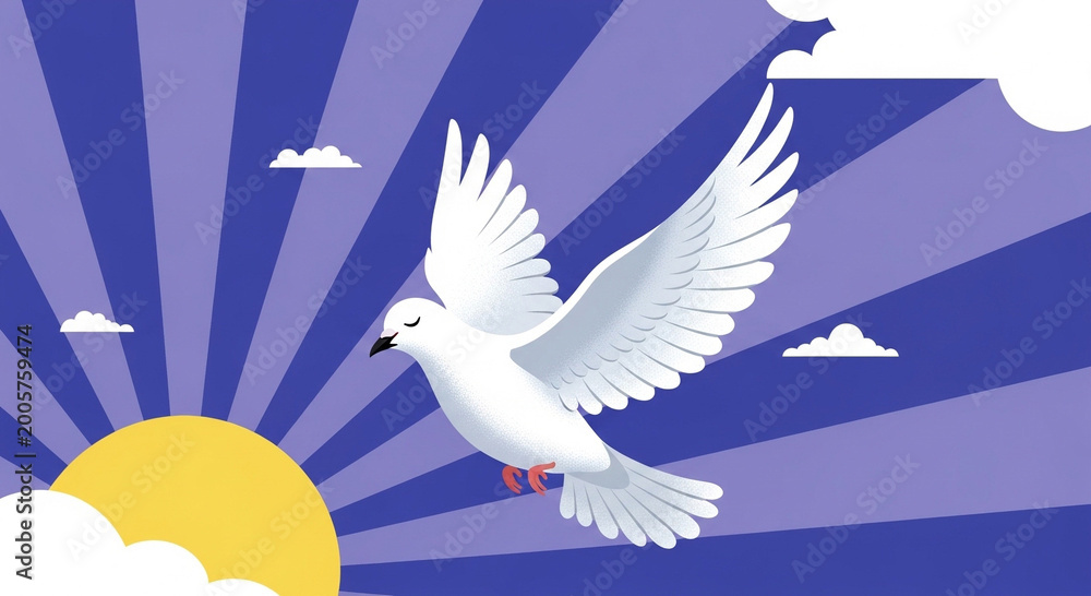 Fototapeta premium White dove flying in front of sun with rays and clouds symbolizing peace freedom and spirituality in a vibrant blue sky