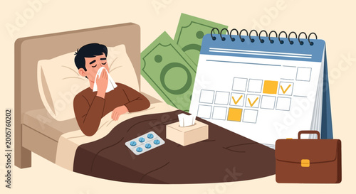Tableau sur toile Sick employee, bed, money stress, calendar, business, illness, recovery, work ab